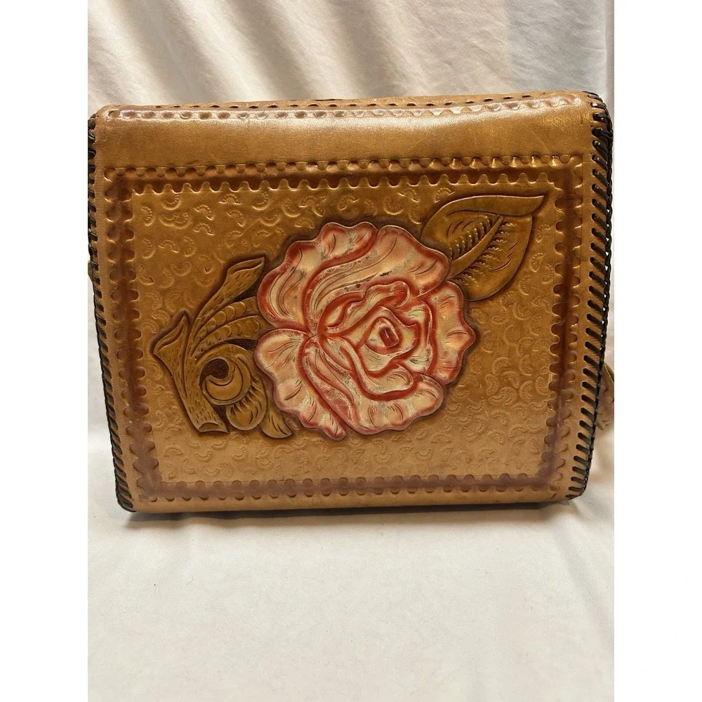 VTG Leather Hand Tooled Large Floral Shoulder Bag Boho Hippie Indie Festival 70s
